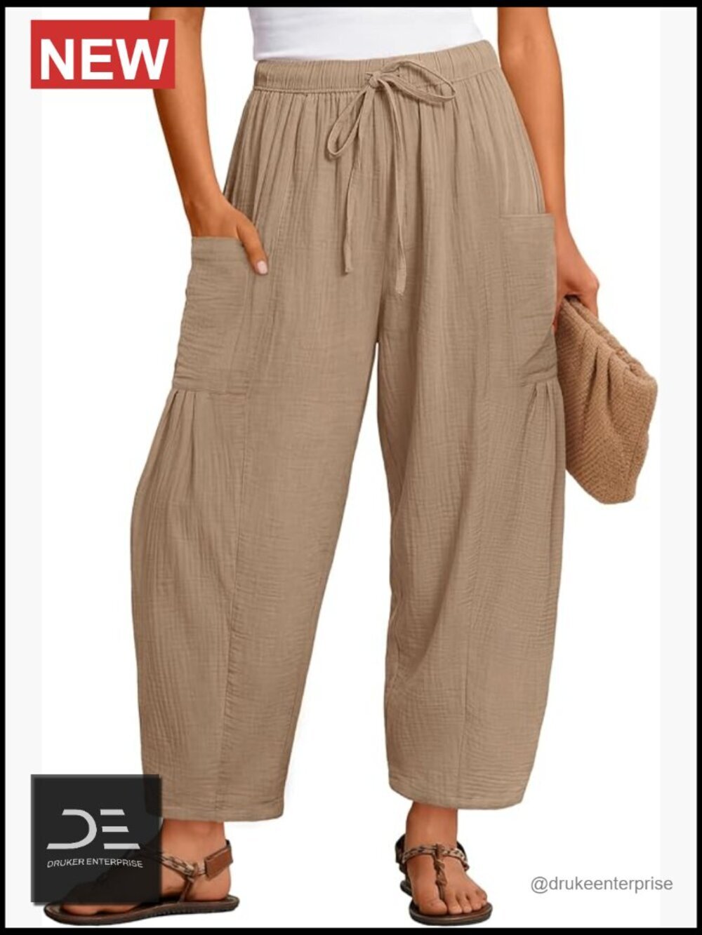 Linen Wide Leg Pants with Pockets Elastic Waist Beach Vacation Baggy Palazzo